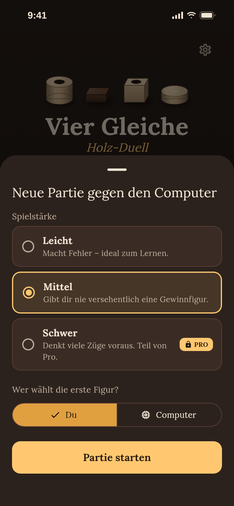Neue Partie: Spielstärke Leicht, Mittel oder Schwer und Wahl, wer die erste Figur aussucht