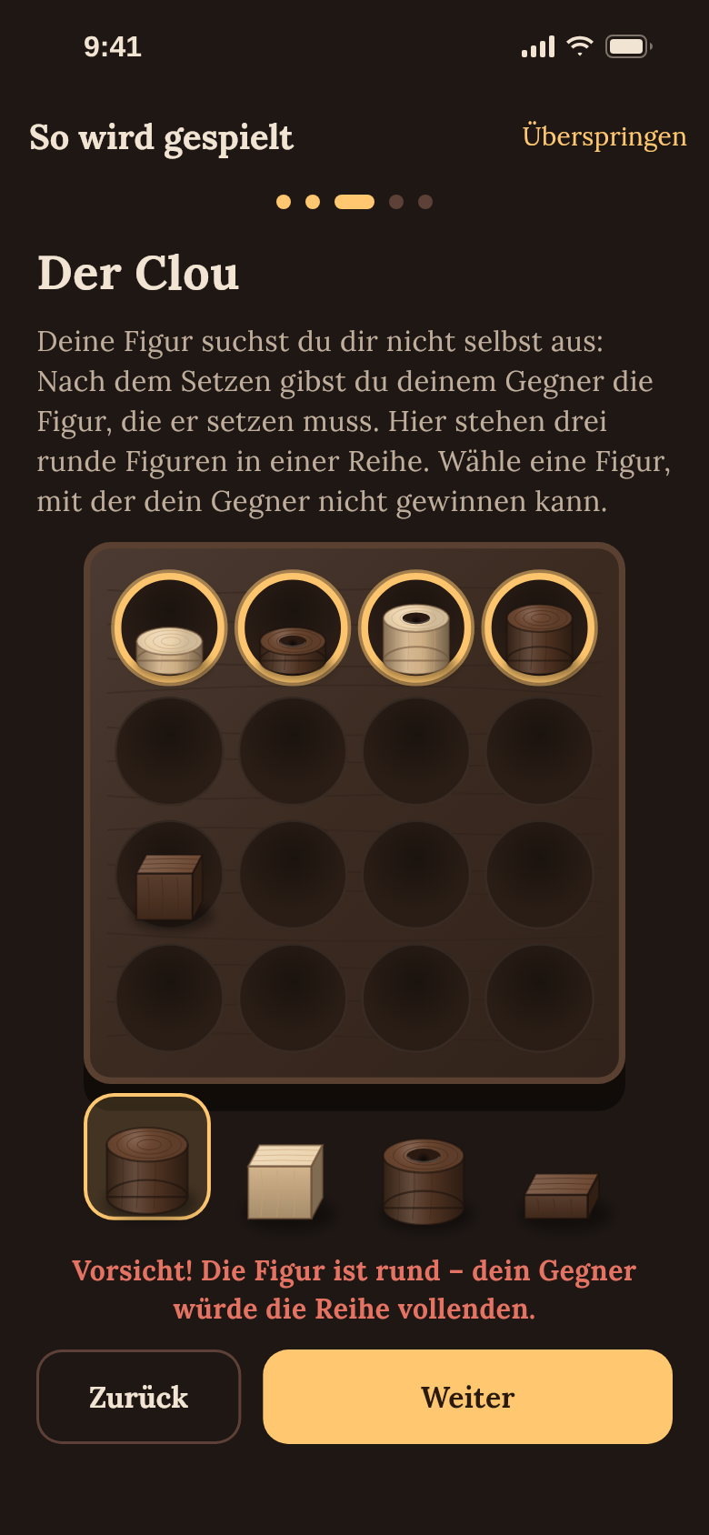 Tutorial „Der Clou“: Drei runde Figuren stehen in einer Reihe, eine runde Figur würde dem Gegner den Sieg schenken