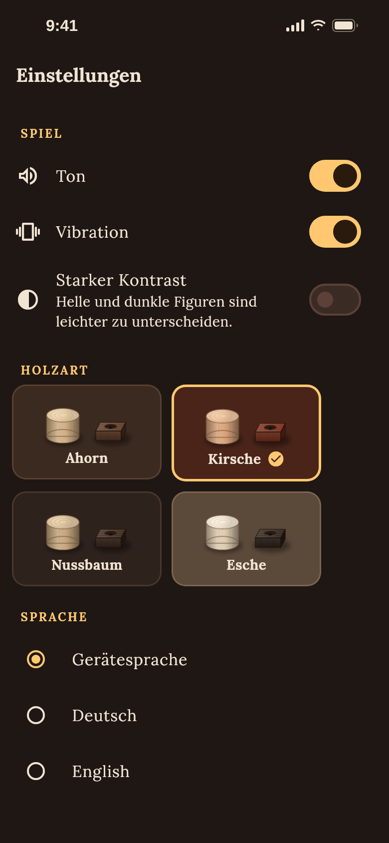 Einstellungen mit den Holzarten Ahorn, Kirsche, Nussbaum und Esche